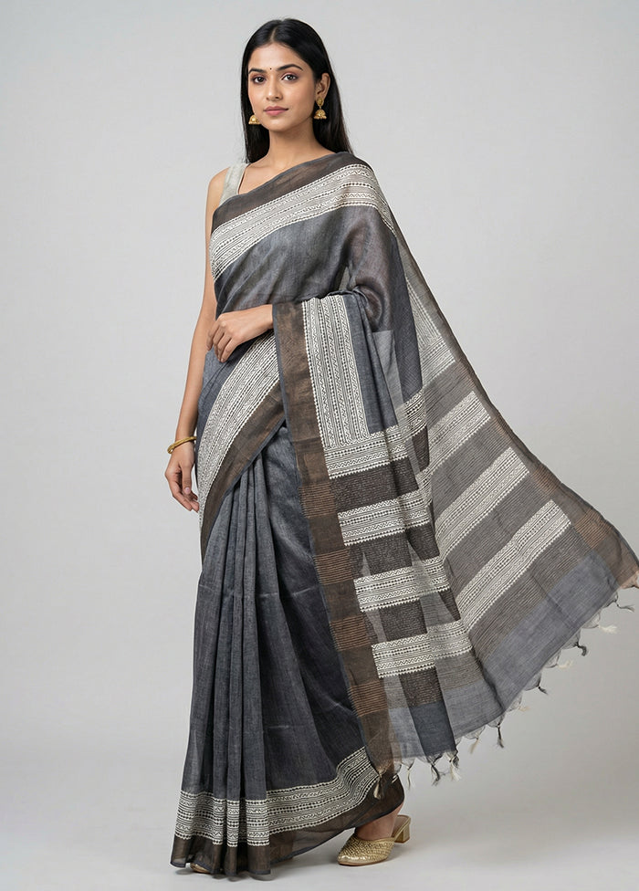 Black Handloom Tussar Silk Saree With Blouse Piece