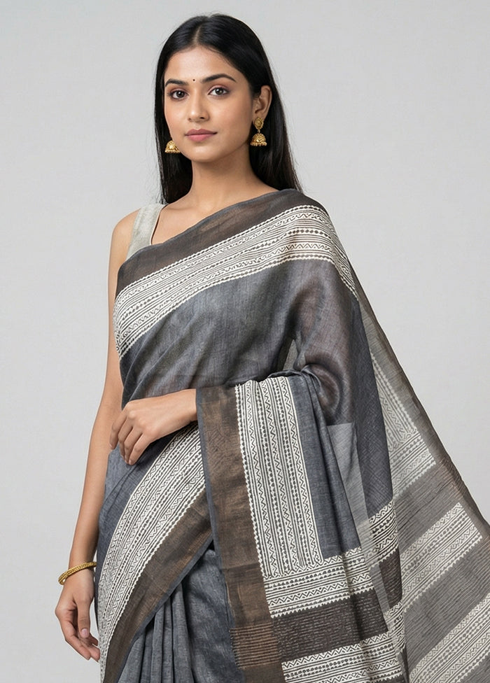 Black Handloom Tussar Silk Saree With Blouse Piece