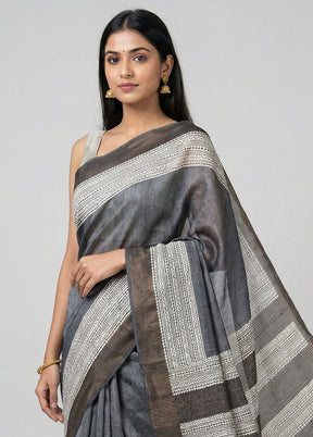 Black Handloom Tussar Silk Saree With Blouse Piece