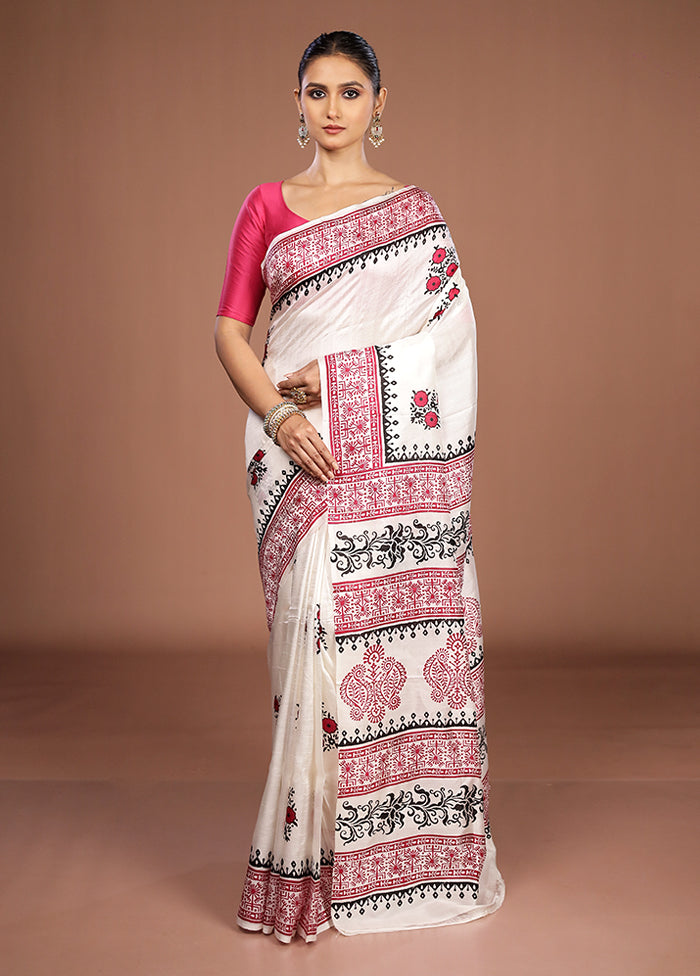 White Printed Pure Silk Saree Without Blouse Piece