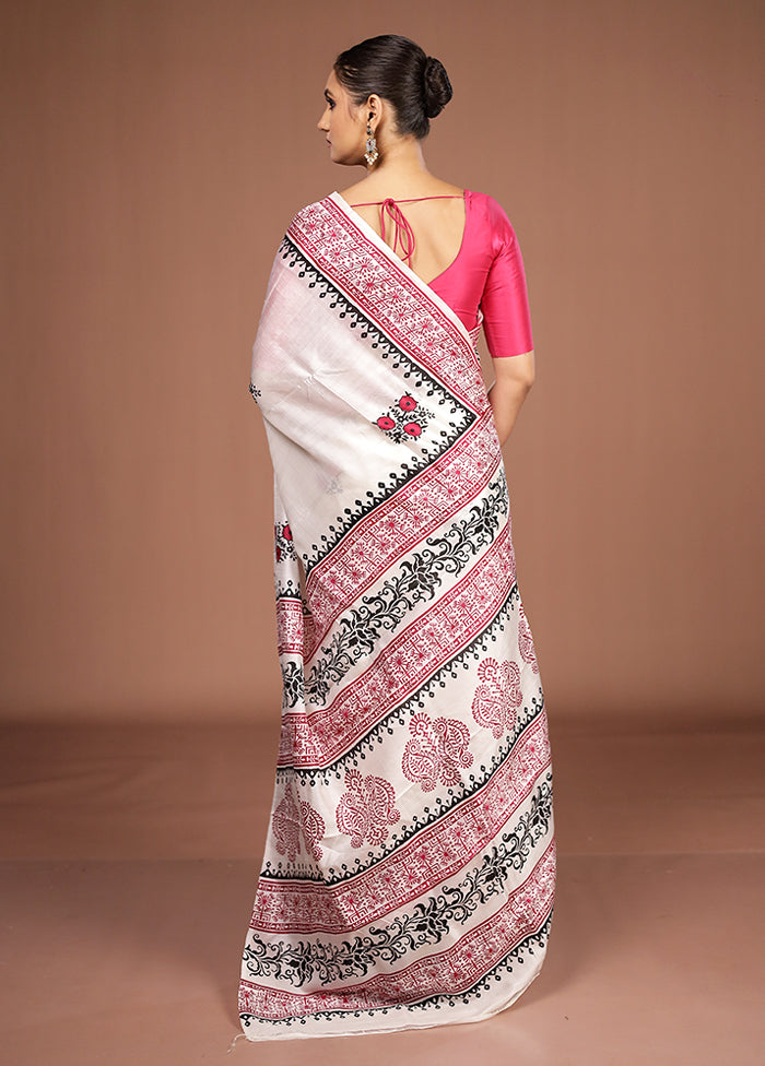 White Printed Pure Silk Saree Without Blouse Piece