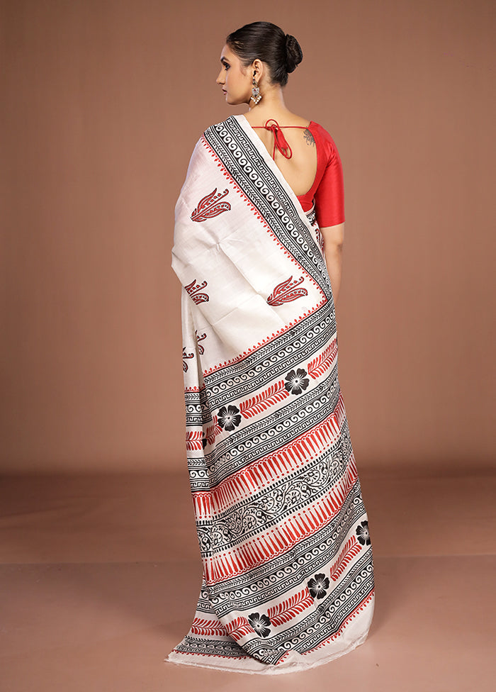 White Printed Pure Silk Saree Without Blouse Piece
