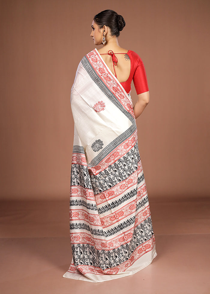 White Printed Pure Silk Saree Without Blouse Piece