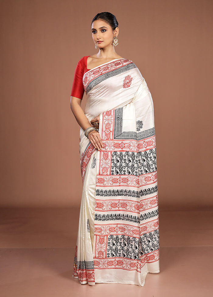 White Printed Pure Silk Saree Without Blouse Piece