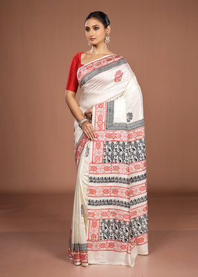 White Printed Pure Silk Saree Without Blouse Piece