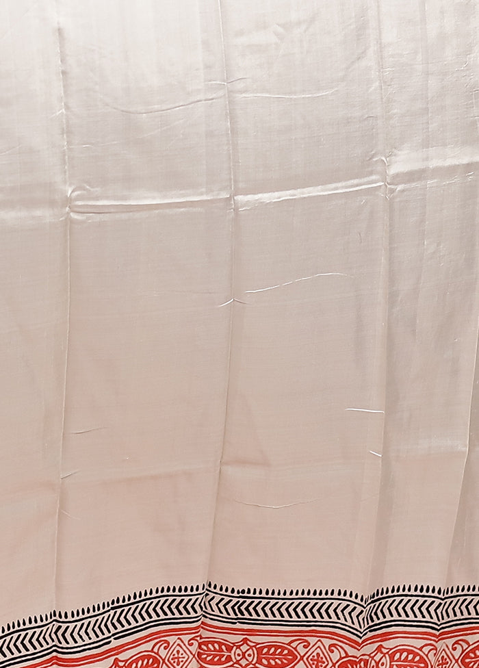 White Printed Pure Silk Saree Without Blouse Piece