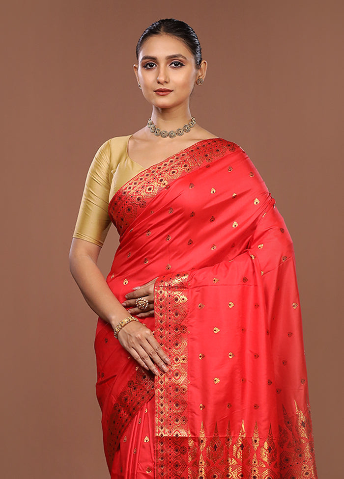 Red Assam Silk Saree With Blouse Piece