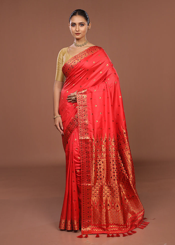 Red Assam Silk Saree With Blouse Piece