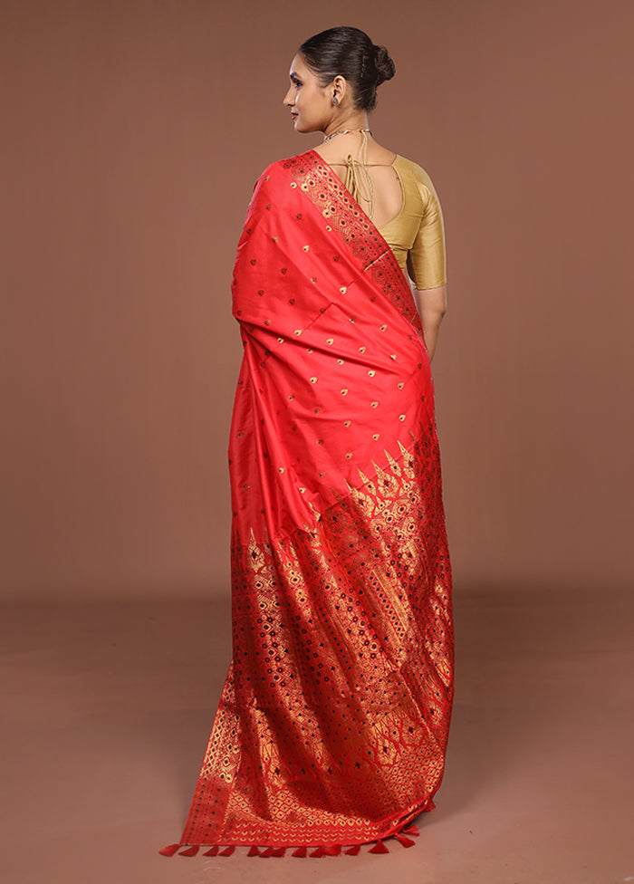 Red Assam Silk Saree With Blouse Piece