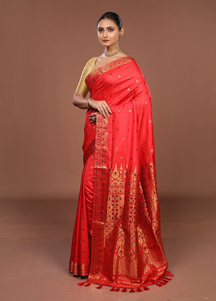 Red Assam Silk Saree With Blouse Piece