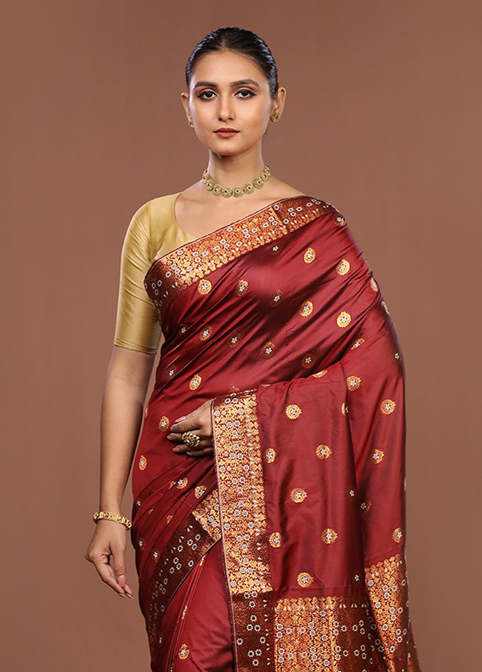 Maroon Assam Silk Saree With Blouse Piece