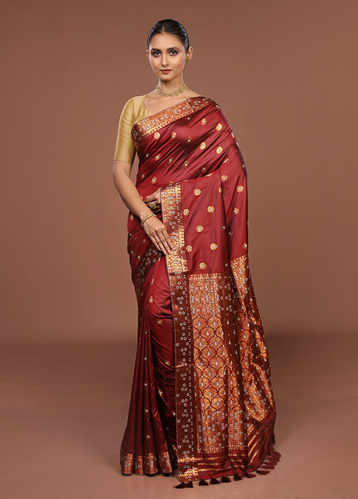 Maroon Assam Silk Saree With Blouse Piece