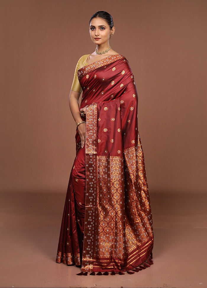 Maroon Assam Silk Saree With Blouse Piece