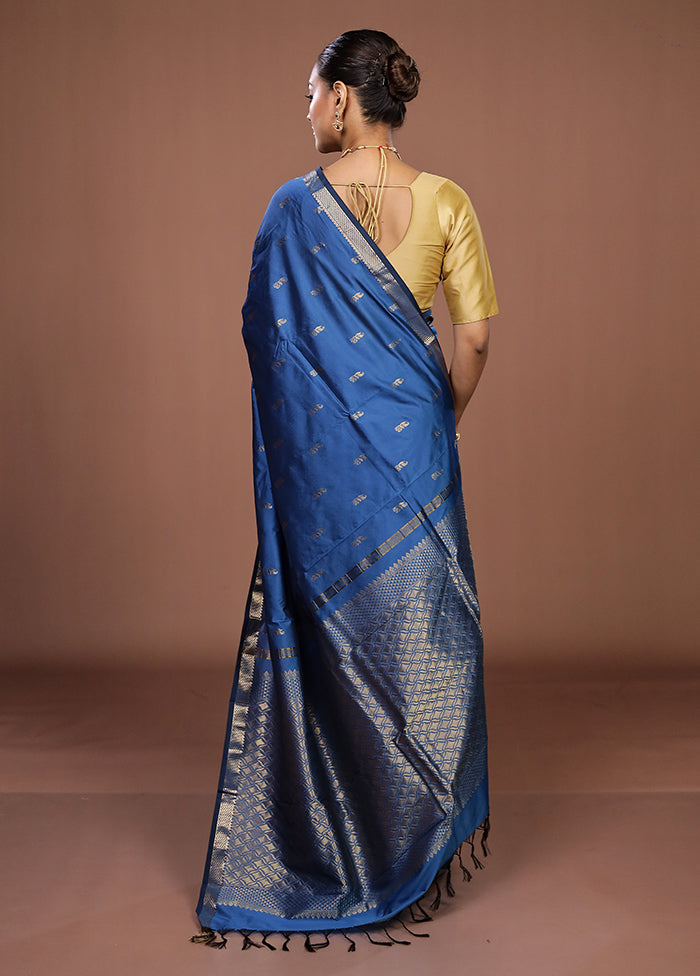 Blue Kanjivaram Silk Saree With Blouse Piece