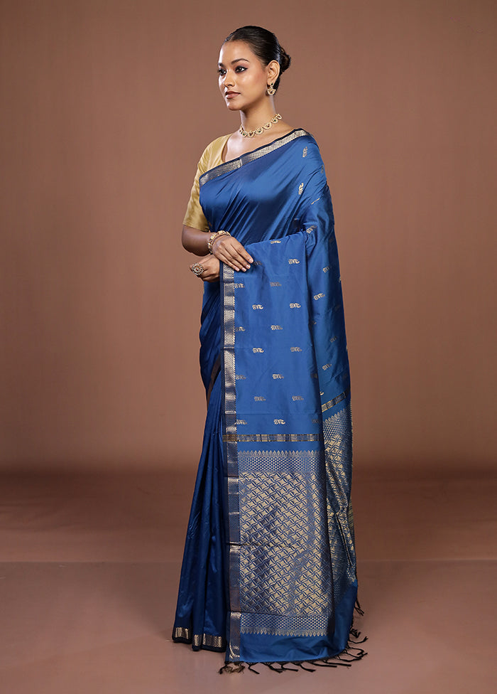 Blue Kanjivaram Silk Saree With Blouse Piece