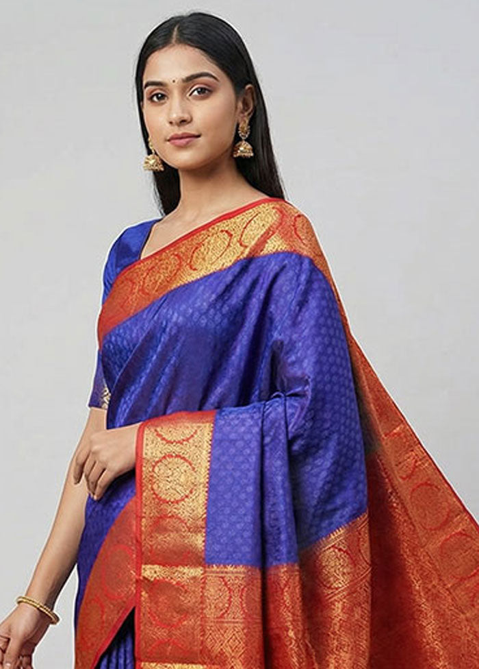 Blue Kanjivaram Silk Saree With Blouse Piece