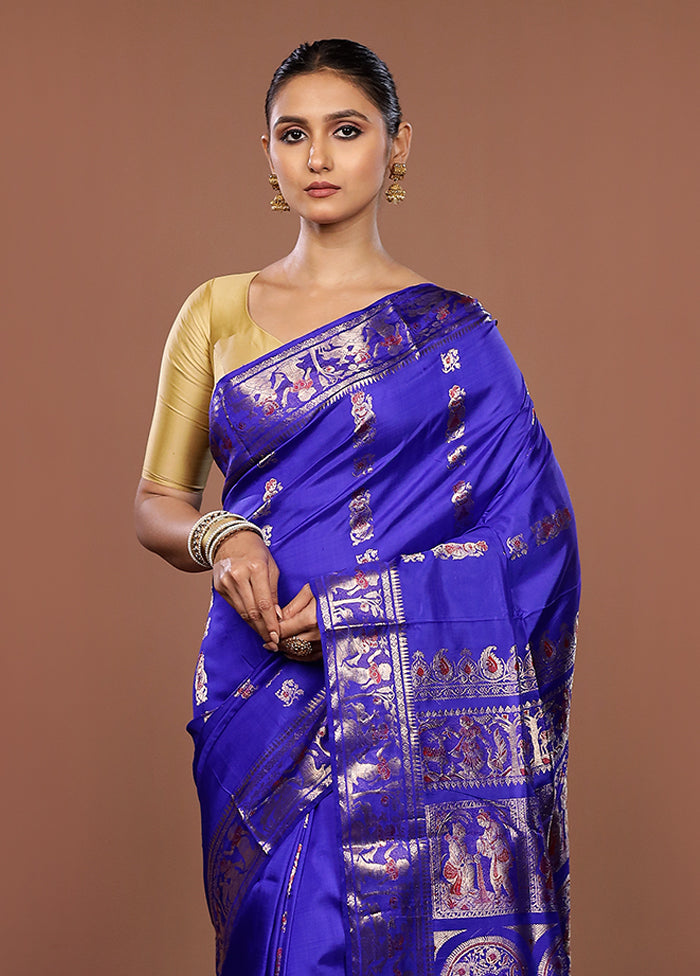 Blue Handloom Baluchari Pure Silk Saree With Blouse Piece