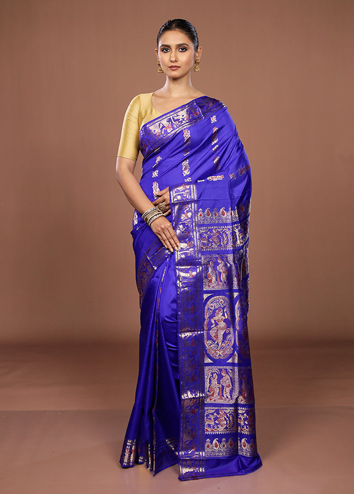 Blue Handloom Baluchari Pure Silk Saree With Blouse Piece