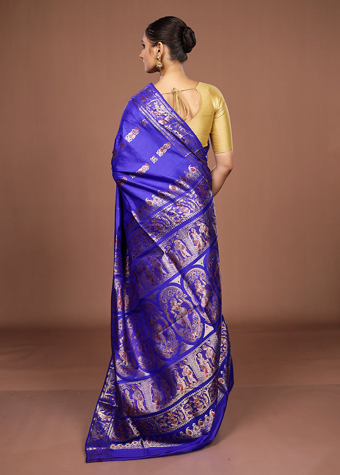 Blue Handloom Baluchari Pure Silk Saree With Blouse Piece