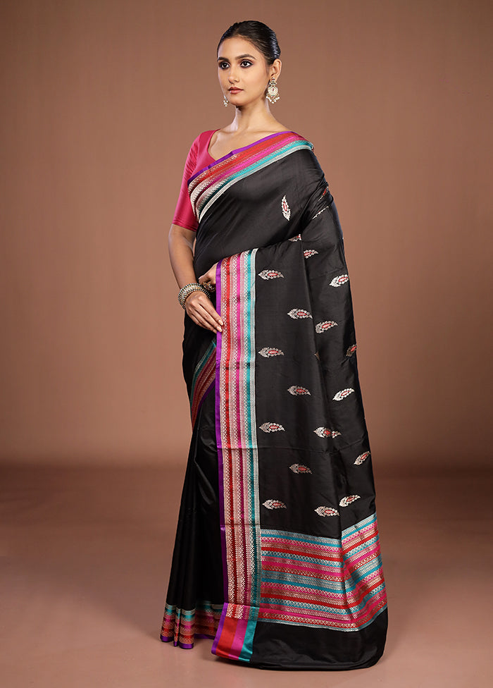 Black Handloom Katan Pure Silk Saree With Blouse Piece