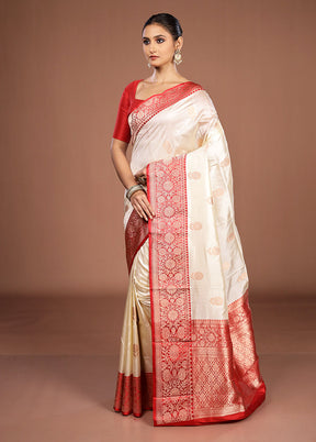 Cream Handloom Katan Pure Silk Saree With Blouse Piece