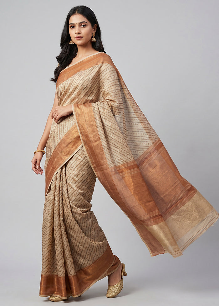 Cream Kora Silk Saree With Blouse Piece