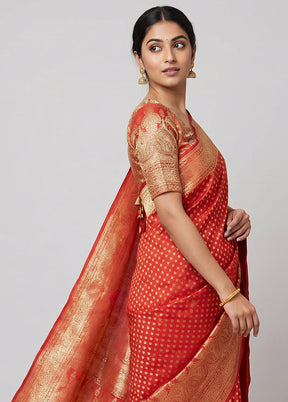 Red Banarasi Silk Saree With Blouse Piece