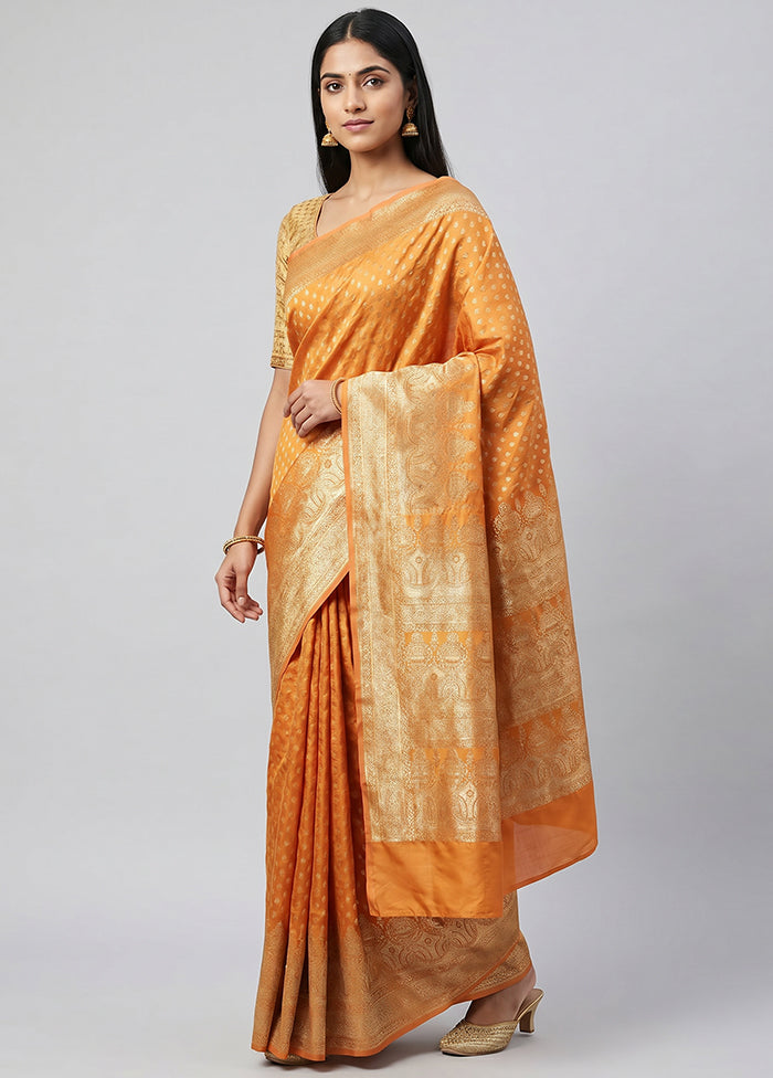 Orange Banarasi Silk Saree With Blouse Piece