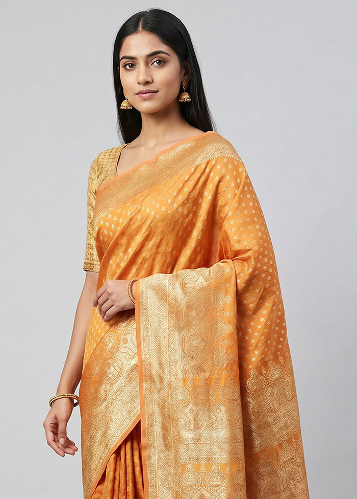 Orange Banarasi Silk Saree With Blouse Piece