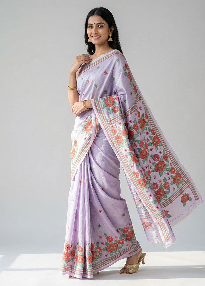 Purple Kantha Stitch Silk Saree With Blouse Piece