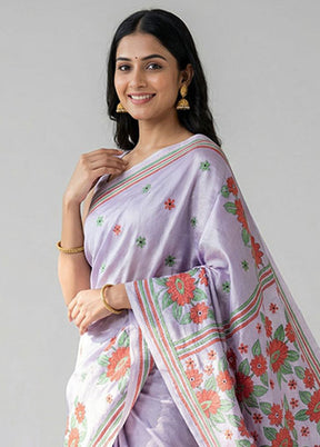 Purple Kantha Stitch Silk Saree With Blouse Piece