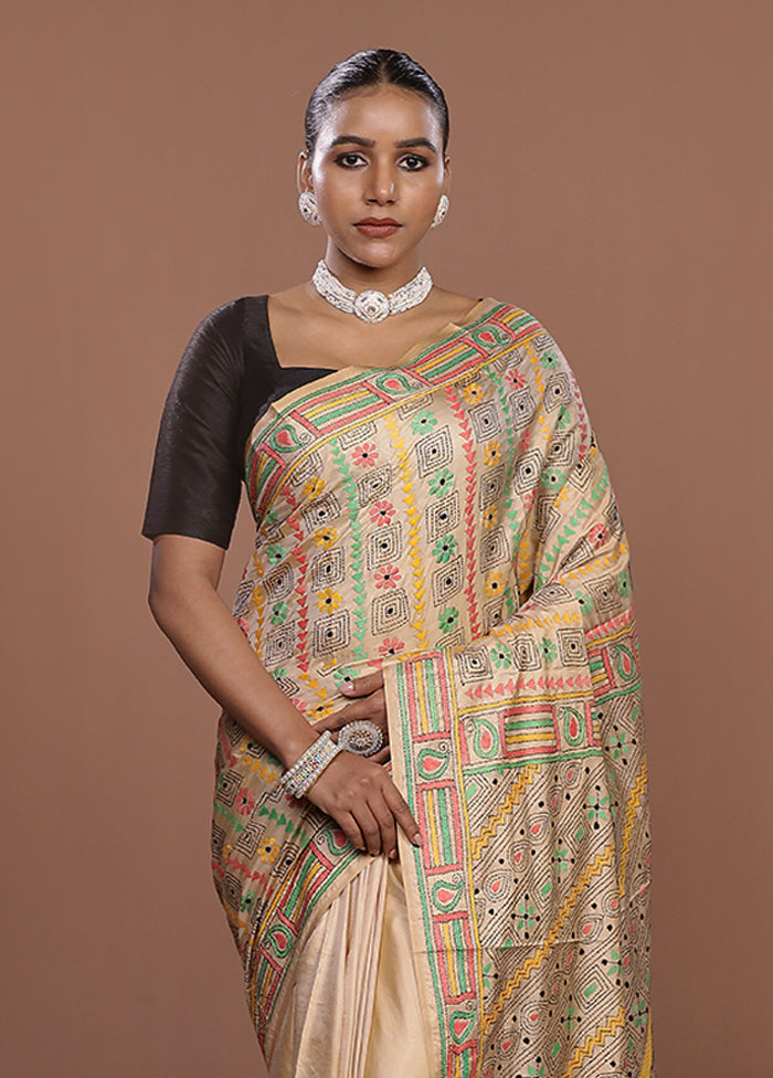 Cream Kantha Stitch Silk Saree With Blouse Piece