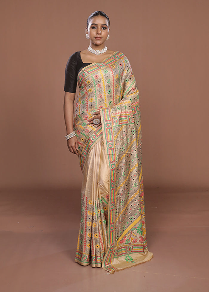 Cream Kantha Stitch Silk Saree With Blouse Piece