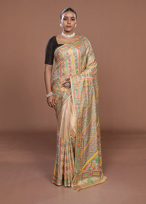 Cream Kantha Stitch Silk Saree With Blouse Piece