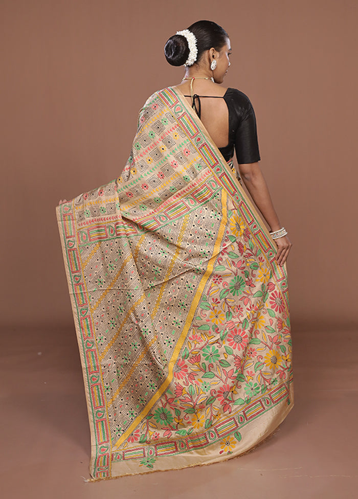 Cream Kantha Stitch Silk Saree With Blouse Piece