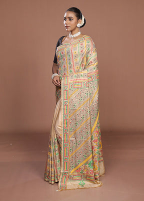 Cream Kantha Stitch Silk Saree With Blouse Piece