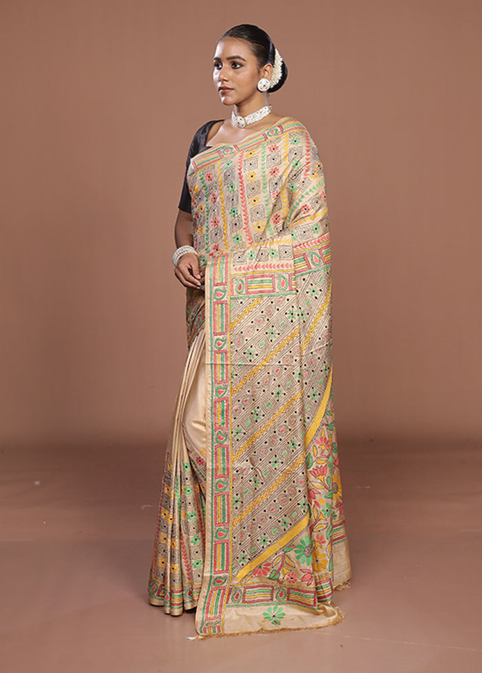 Cream Kantha Stitch Silk Saree With Blouse Piece