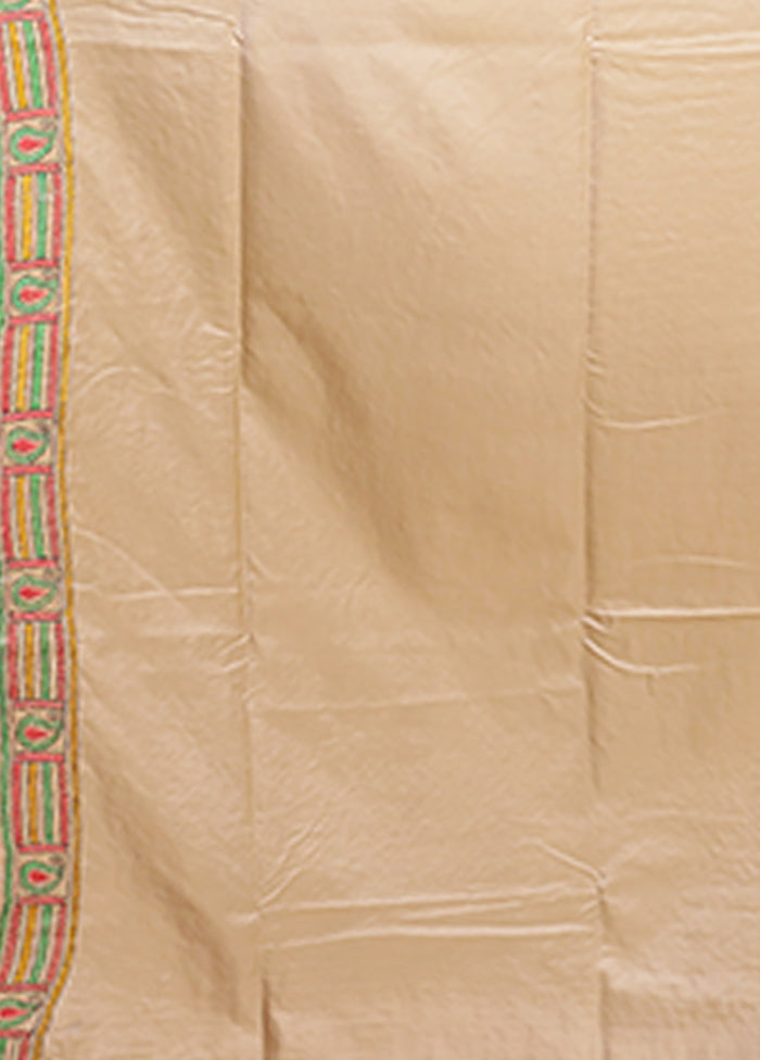 Cream Kantha Stitch Silk Saree With Blouse Piece