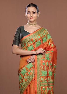 Yellow Kantha Stitch Silk Saree With Blouse Piece