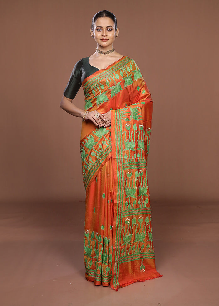 Yellow Kantha Stitch Silk Saree With Blouse Piece