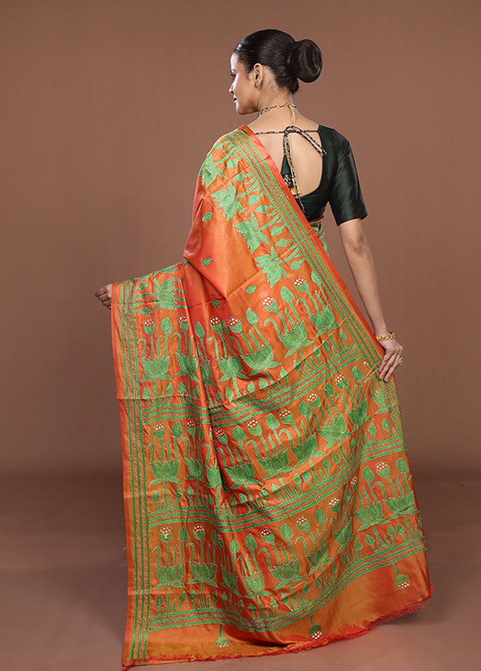 Yellow Kantha Stitch Silk Saree With Blouse Piece