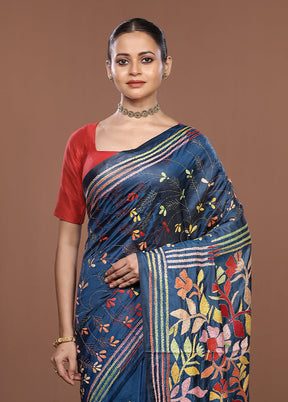 Blue Kantha Stitch Silk Saree With Blouse Piece