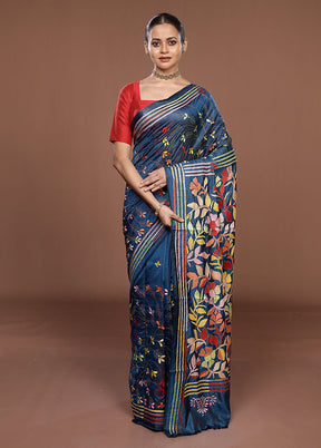Blue Kantha Stitch Silk Saree With Blouse Piece