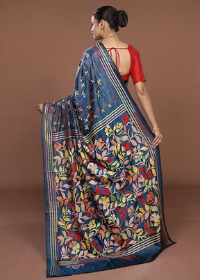 Blue Kantha Stitch Silk Saree With Blouse Piece