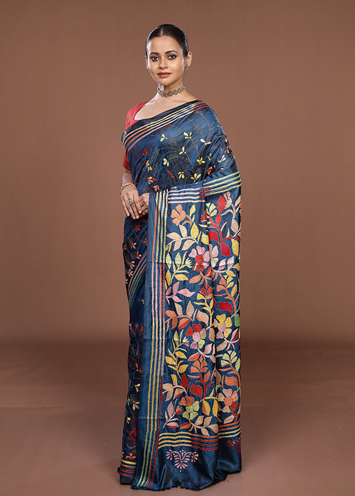 Blue Kantha Stitch Silk Saree With Blouse Piece