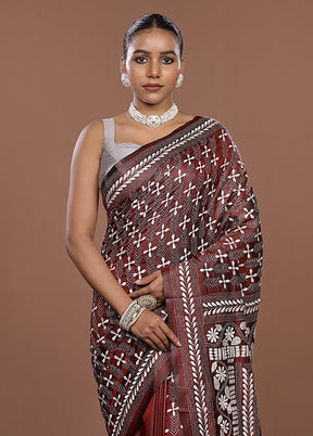 Maroon Kantha Stitch Silk Saree With Blouse Piece