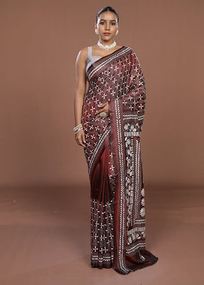 Maroon Kantha Stitch Silk Saree With Blouse Piece