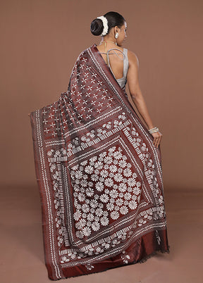 Maroon Kantha Stitch Silk Saree With Blouse Piece