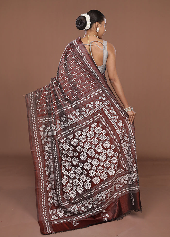 Maroon Kantha Stitch Silk Saree With Blouse Piece