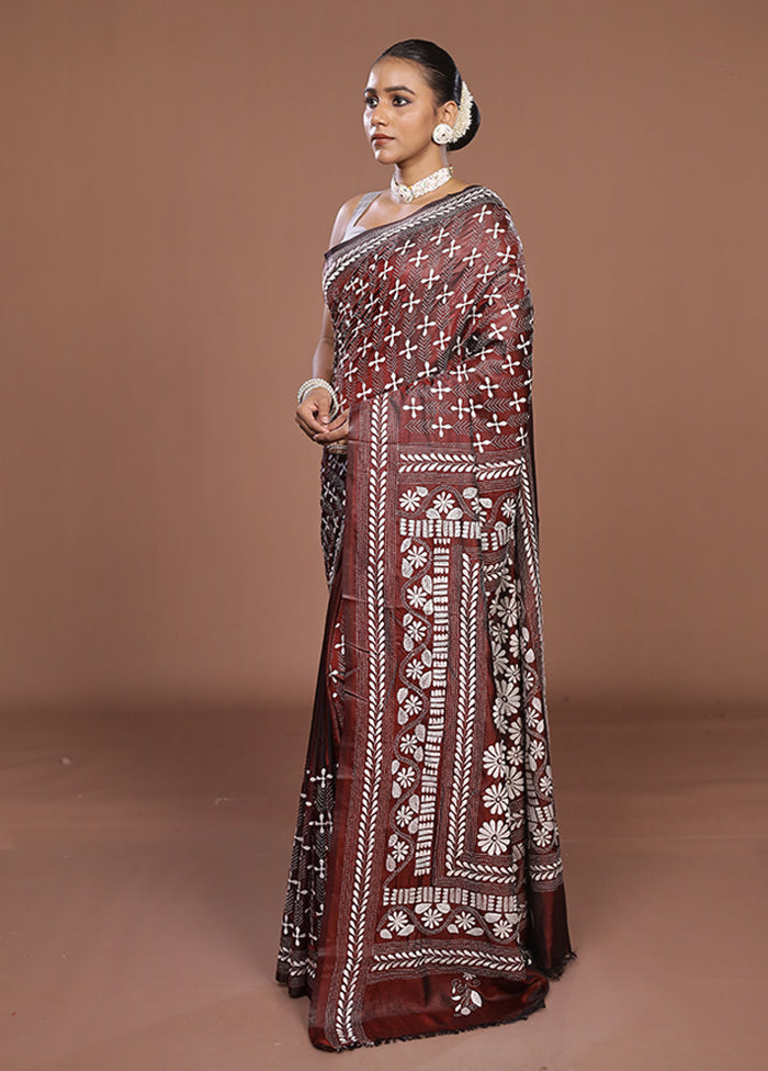 Maroon Kantha Stitch Silk Saree With Blouse Piece